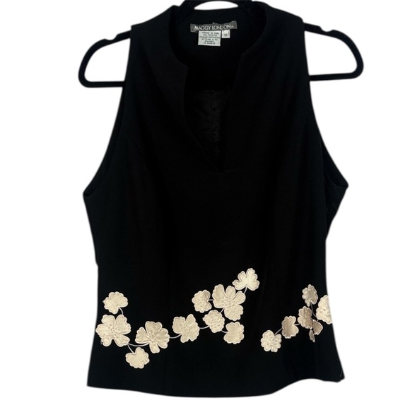 Maggy London Tops - Maggy London Vintage Black Top Cream Floral Appliqué Sleeveless Top Size 12
